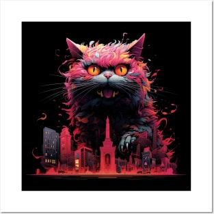 Catzilla Strikes: Pink, Grey, Black & Colorful Retro Comic Art Style Posters and Art